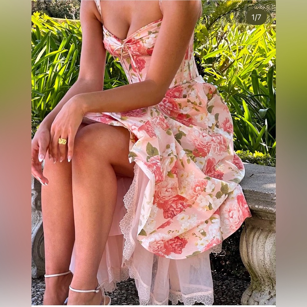 NWOT HOUSE OF CB ROSALEE PINK PEONY PRINT COTTON BUSTIER SUNDRESS TULLE 💐🌸